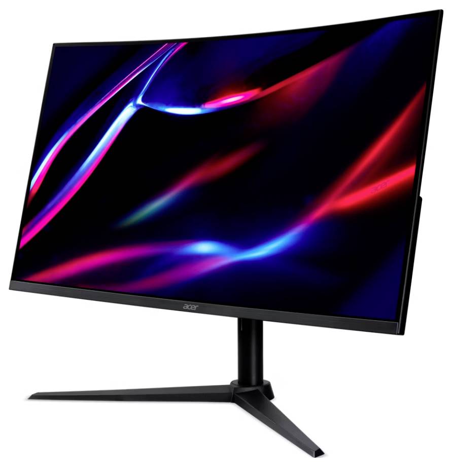 Ein gekrümmter Computermonitor, der abstrakte rote und blaue Lichtstreifen auf einem schwarzen Bildschirm zeigt, aufgestellt auf einem Ständer mit einer dreieckigen Basis.