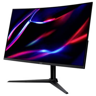 Ein gekrümmter Computermonitor, der abstrakte rote und blaue Lichtstreifen auf einem schwarzen Bildschirm zeigt, aufgestellt auf einem Ständer mit einer dreieckigen Basis.