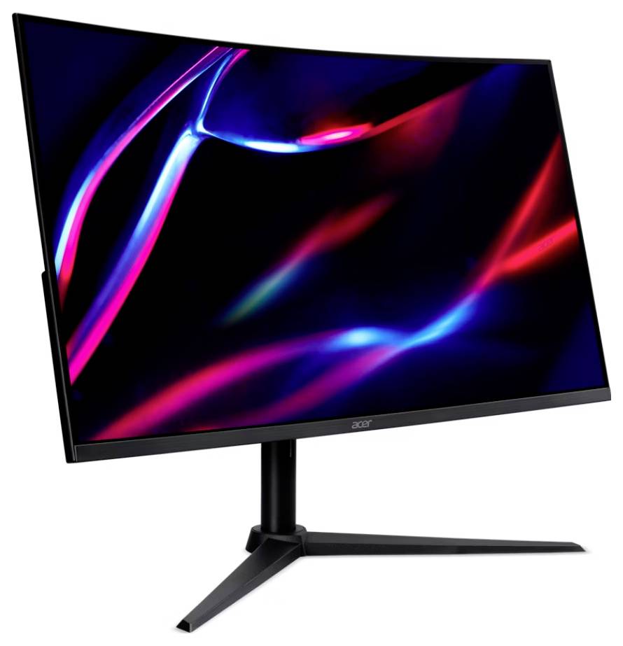 Gebogener Computermonitor, der abstrakte rote und blaue Lichtstreifen vor einem schwarzen Hintergrund auf einem schlanken schwarzen Ständer zeigt.