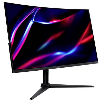Gebogener Computermonitor, der abstrakte rote und blaue Lichtstreifen vor einem schwarzen Hintergrund auf einem schlanken schwarzen Ständer zeigt.