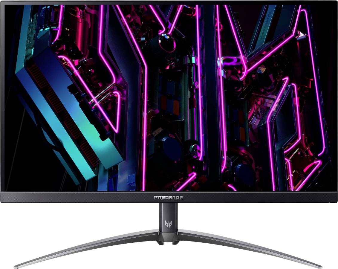 Ein Gaming-Monitor zeigt leuchtend-futuristische Neon-Grafiken mit einem geschwungenen Ständer.