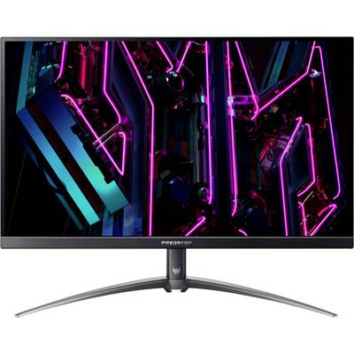 Ein Gaming-Monitor zeigt leuchtend-futuristische Neon-Grafiken mit einem geschwungenen Ständer.