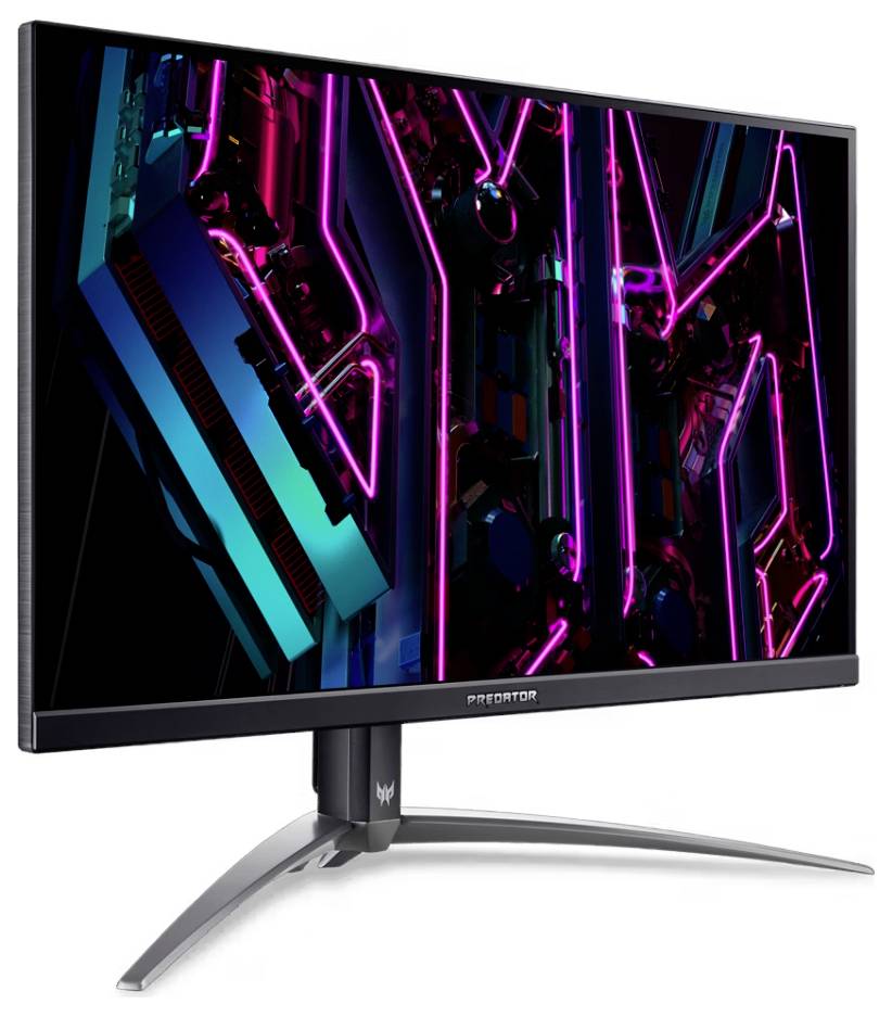 Ein schlanker Gaming-Monitor mit leuchtenden Neon-Grafiken steht auf einem silbernen Ständer und unterstreicht sein modernes Design und hochauflösendes Display.