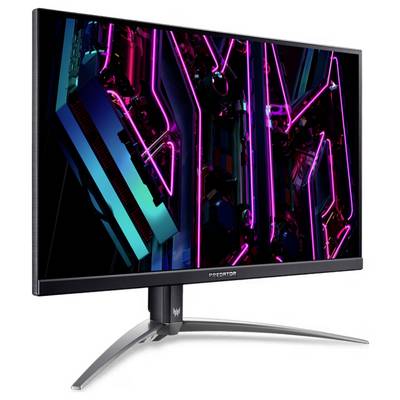 Ein schlanker Gaming-Monitor mit leuchtenden Neon-Grafiken steht auf einem silbernen Ständer und unterstreicht sein modernes Design und hochauflösendes Display.