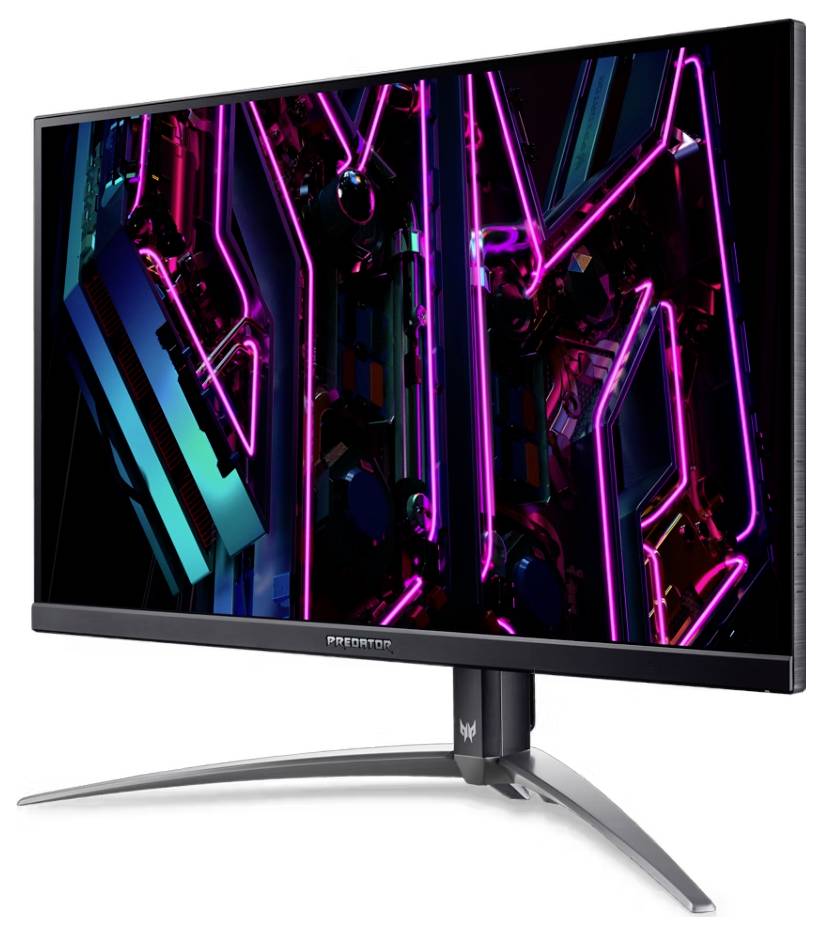 Acer Predator Gaming-Monitor, der ein lebendiges, abstraktes Neon-Design mit Pink- und Blautönen auf dem Bildschirm zeigt.