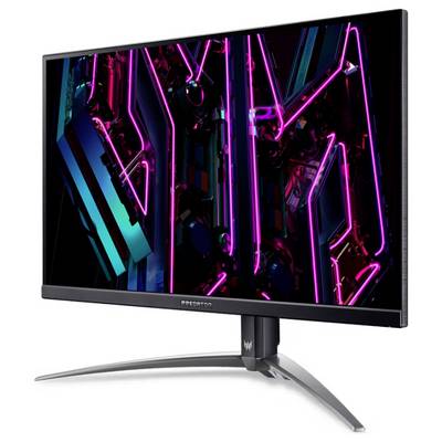 Acer Predator Gaming-Monitor, der ein lebendiges, abstraktes Neon-Design mit Pink- und Blautönen auf dem Bildschirm zeigt.