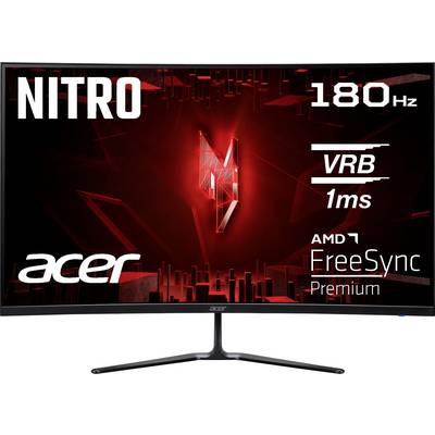 Acer Nitro Monitor mit einem roten abstrakten Hintergrund, '180Hz', 'VRB 1ms' und 'AMD FreeSync Premium' Schriftzügen, die prominent hervorgehoben sind.