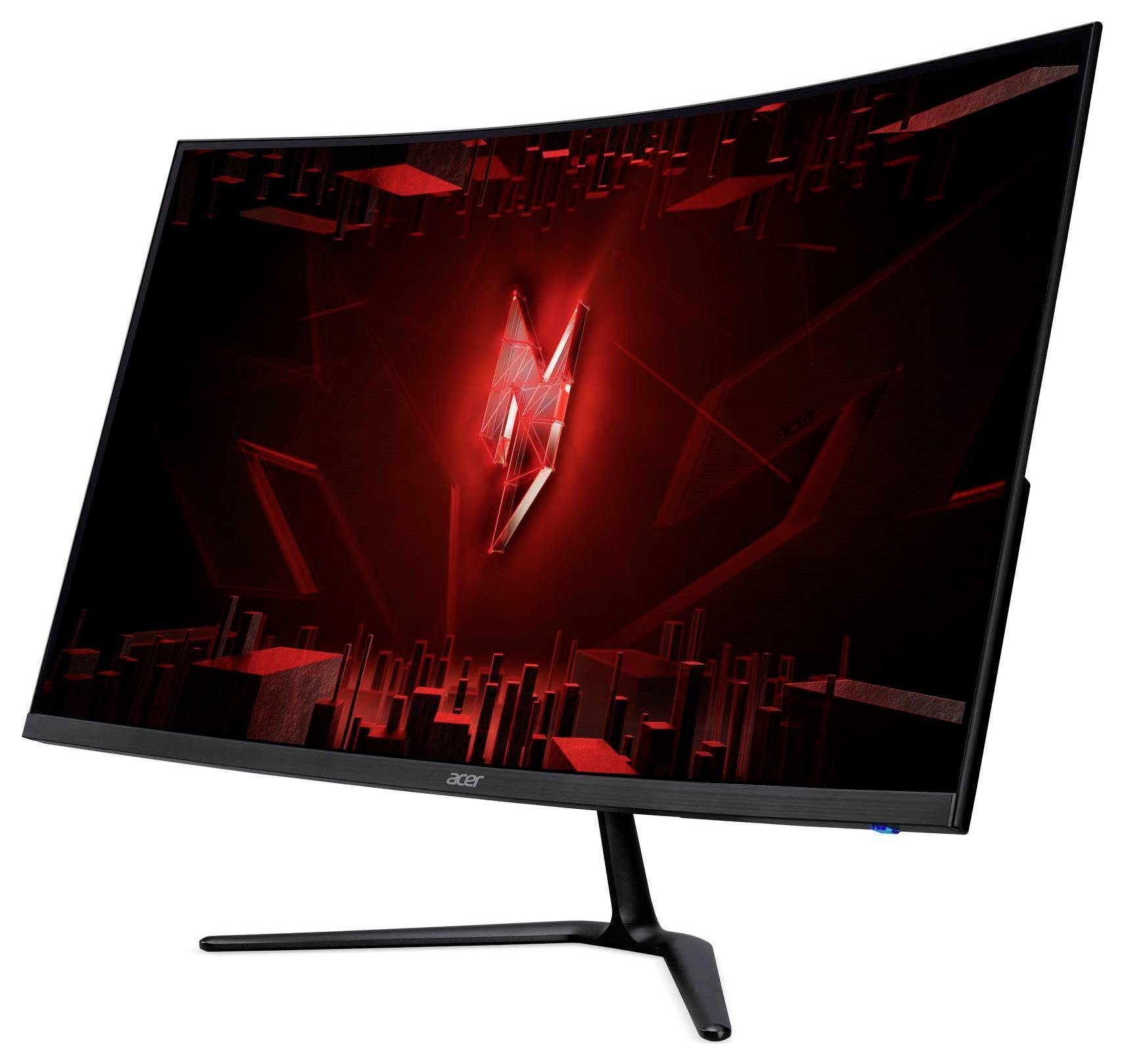 Acer-Curved-Gaming-Monitor mit einer futuristischen roten und schwarzen Grafik auf dem Bildschirm.