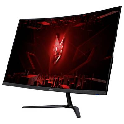 Acer-Curved-Gaming-Monitor mit einer futuristischen roten und schwarzen Grafik auf dem Bildschirm.