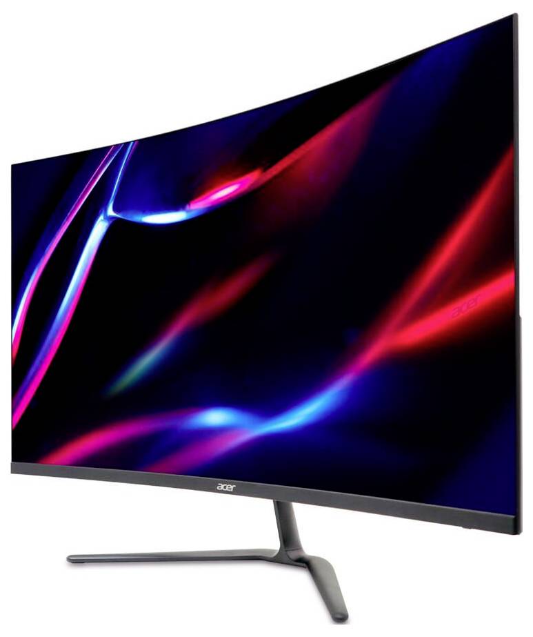 Ein gekrümmter Monitor mit einem bunten abstrakten Design auf dem Bildschirm, der auf einem Ständer vor einem weißen Hintergrund steht.