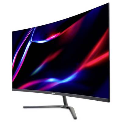 Ein gekrümmter Monitor mit einem bunten abstrakten Design auf dem Bildschirm, der auf einem Ständer vor einem weißen Hintergrund steht.