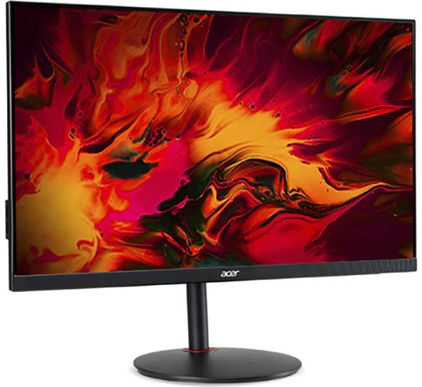 Ein schlanker Acer-Monitor zeigt auf dem Bildschirm lebendige abstrakte Rot- und Orangemuster, die dynamische Energie und Kreativität vermitteln.