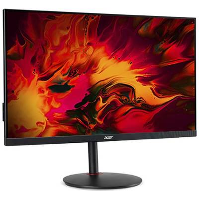 Ein schlanker Acer-Monitor zeigt auf dem Bildschirm lebendige abstrakte Rot- und Orangemuster, die dynamische Energie und Kreativität vermitteln.