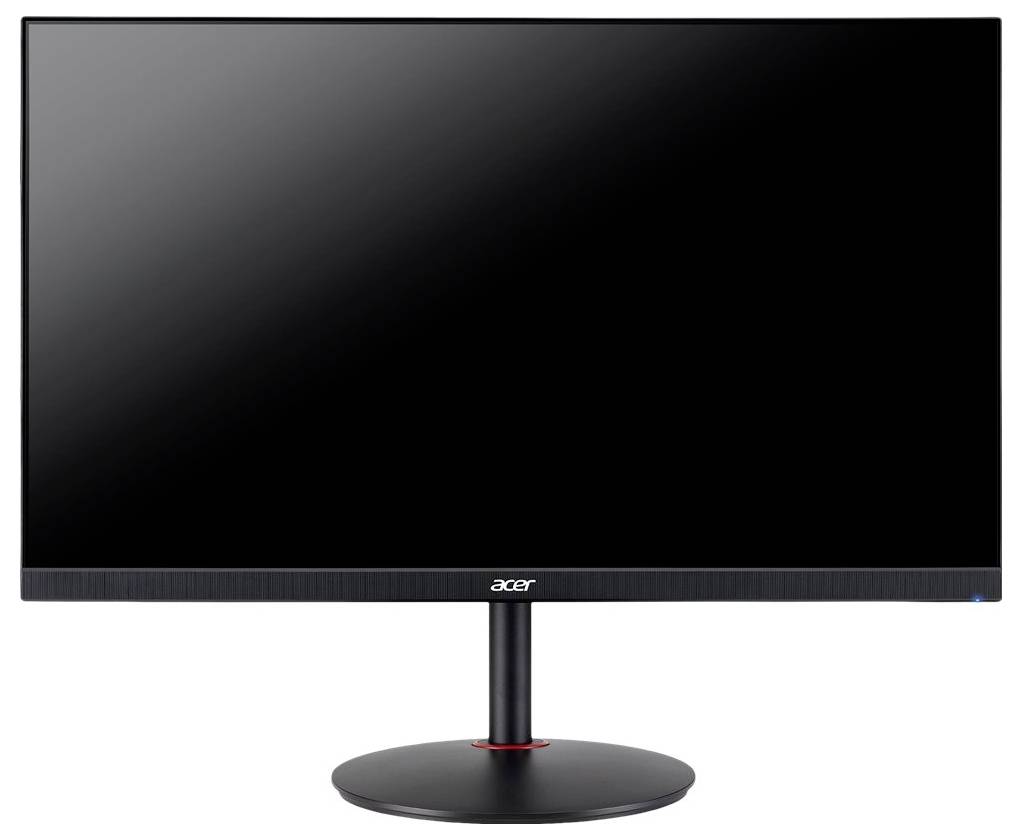 Ein schlanker, schwarzer Acer-Computermonitor mit dünnem Rahmen auf einem kreisförmigen Ständer vor einem weißen Hintergrund.