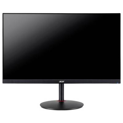 Ein schlanker, schwarzer Acer-Computermonitor mit dünnem Rahmen auf einem kreisförmigen Ständer vor einem weißen Hintergrund.