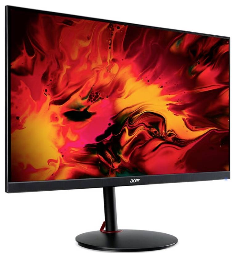 Acer-Monitor, der abstrakte Kunst in leuchtenden Rot- und Gelbtönen zeigt und dabei Farbkontraste und modernes Design betont.