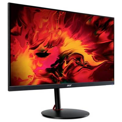 Acer-Monitor, der abstrakte Kunst in leuchtenden Rot- und Gelbtönen zeigt und dabei Farbkontraste und modernes Design betont.