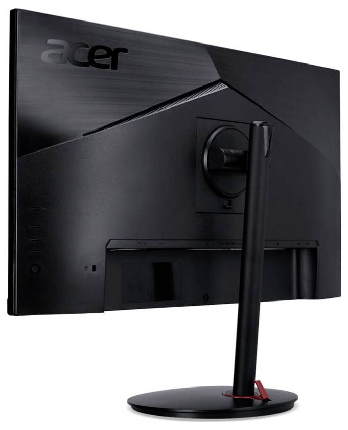 Ein schlanker Acer-Monitor von hinten, der sein geometrisches Design und seinen verstellbaren Ständer präsentiert und dabei die Ästhetik moderner Technologie betont.