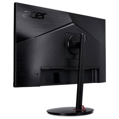 Ein schlanker Acer-Monitor von hinten, der sein geometrisches Design und seinen verstellbaren Ständer präsentiert und dabei die Ästhetik moderner Technologie betont.