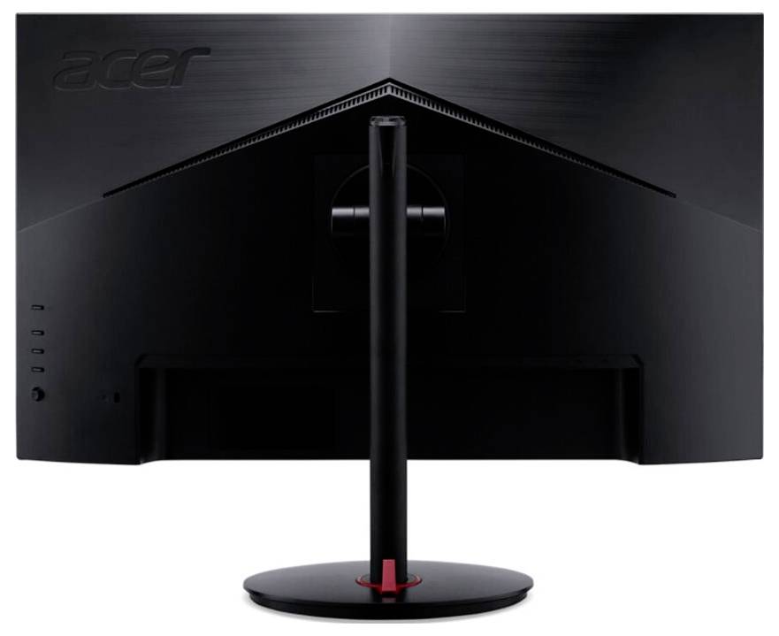 Rückansicht eines schwarzen Acer-Monitors mit einem schlanken Ständer und roten Akzenten, der ein elegantes Design präsentiert.