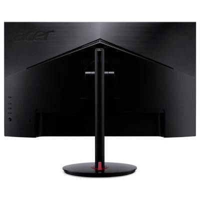 Rückansicht eines schwarzen Acer-Monitors mit einem schlanken Ständer und roten Akzenten, der ein elegantes Design präsentiert.