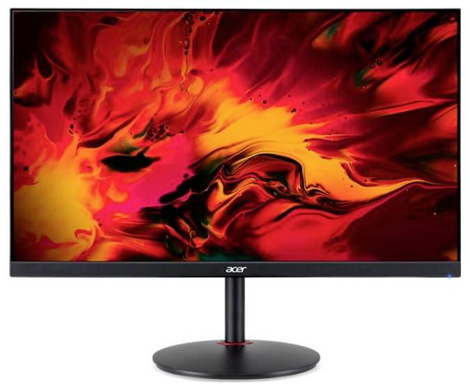 Ein Acer-Monitor mit einem schwarzen Ständer zeigt leuchtende, wirbelnde rote und orange abstrakte Kunst.