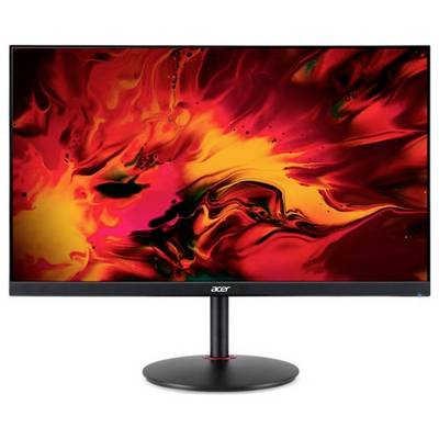 Ein Acer-Monitor mit einem schwarzen Ständer zeigt leuchtende, wirbelnde rote und orange abstrakte Kunst.