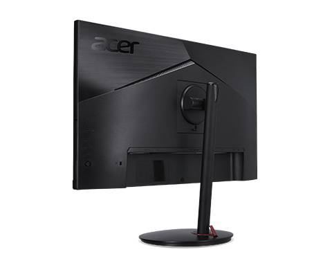 Rückansicht eines schwarzen Acer-Computermonitors auf einem runden Ständer, der sein schlankes Design und den verstellbaren Befestigungsmechanismus präsentiert.