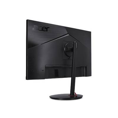 Rückansicht eines schwarzen Acer-Computermonitors auf einem runden Ständer, der sein schlankes Design und den verstellbaren Befestigungsmechanismus präsentiert.