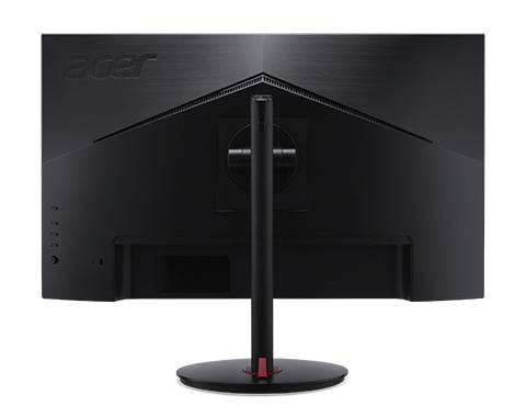 Das Bild zeigt die Rückansicht eines schwarzen Acer-Monitors mit einem zentralen Ständer und sichtbaren Lüftungsdetails.
