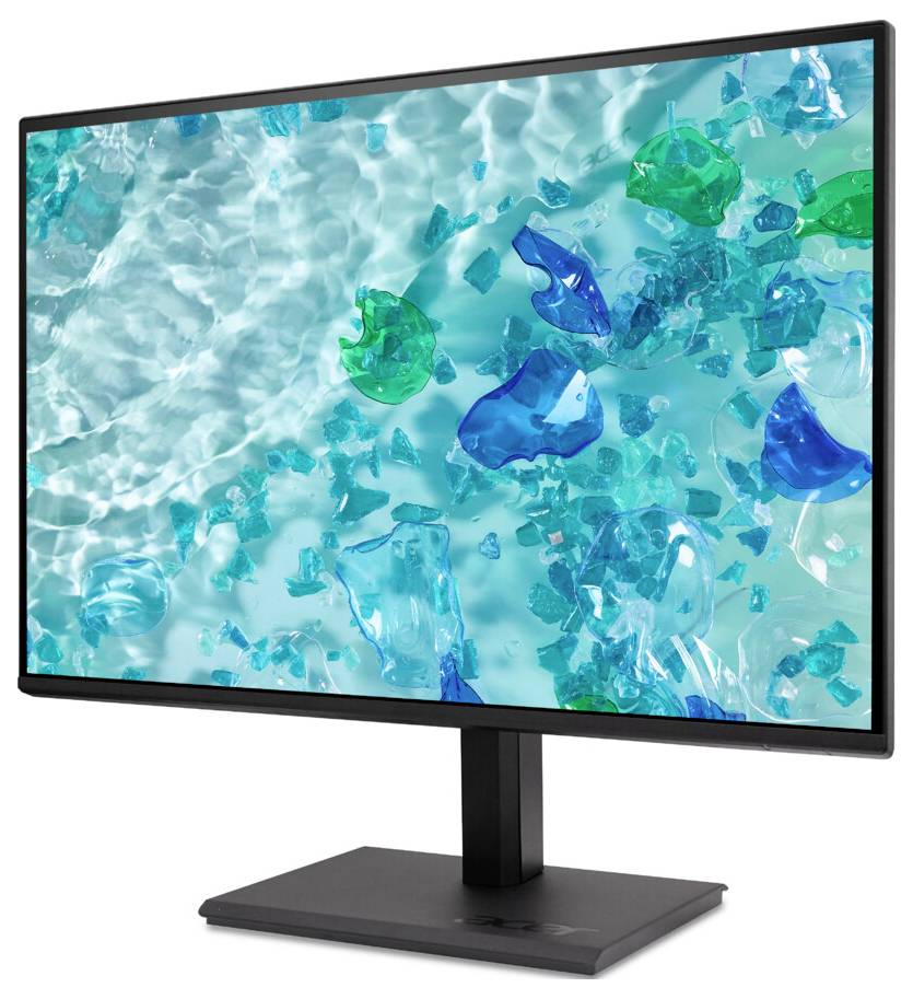 Ein Computermonitor, der ein abstraktes Bild mit blauen und grünen glasartigen Formen auf einem wassrigen Hintergrund zeigt.