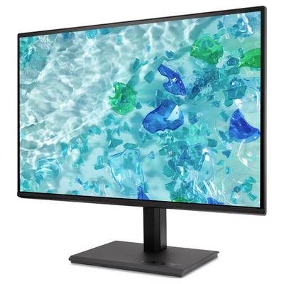 Ein Computermonitor, der ein abstraktes Bild mit blauen und grünen glasartigen Formen auf einem wassrigen Hintergrund zeigt.