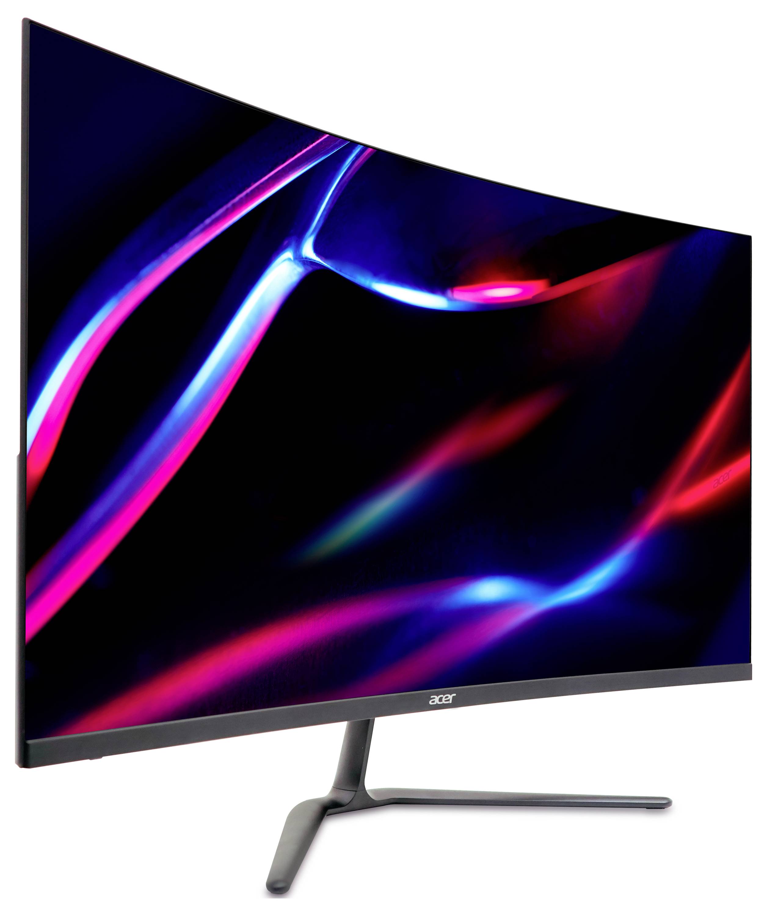 Ein gebogener Computermonitor mit einem farbenfrohen abstrakten Muster auf dem Bildschirm, das rote, blaue und lila Streifen vor einem dunklen Hintergrund zeigt.