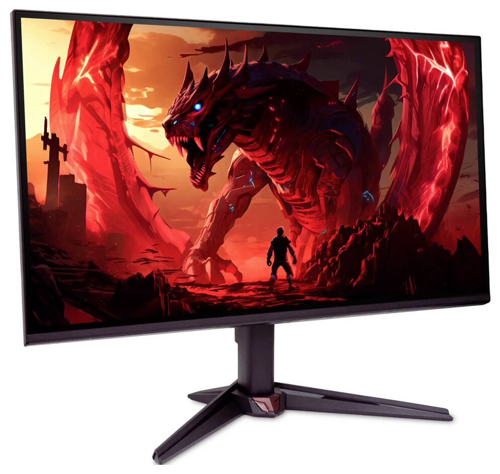 Ein Gaming-Monitor zeigt ein lebendiges Bild einer riesigen, roten, drachenartige Kreatur, die einer Silhouette einer Person in einer feurigen Landschaft gegenübersteht.