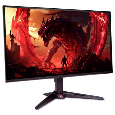 Ein Gaming-Monitor zeigt ein lebendiges Bild einer riesigen, roten, drachenartige Kreatur, die einer Silhouette einer Person in einer feurigen Landschaft gegenübersteht.