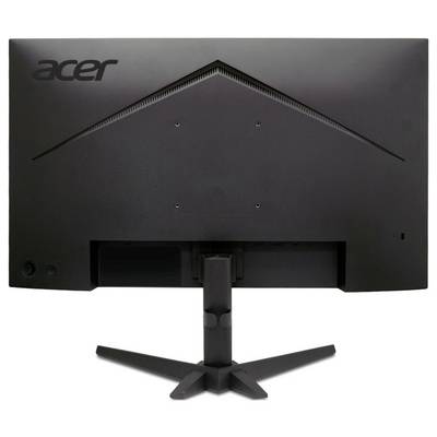 Ein schwarzer Acer-Computermonitor, von hinten betrachtet, mit einem dreieckigen Designelement nahe der Oberseite und einer robusten Standfläche.