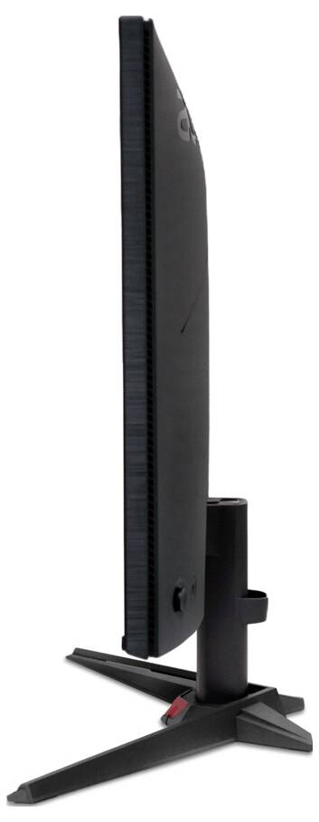 Eine schlanke Seitenansicht eines schwarzen Computermonitors auf einem Ständer, die sein elegantes Design und schmales Profil hervorhebt.