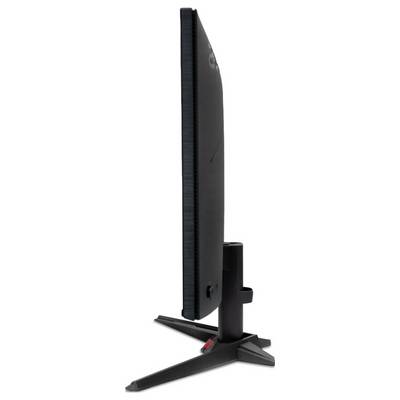 Eine schlanke Seitenansicht eines schwarzen Computermonitors auf einem Ständer, die sein elegantes Design und schmales Profil hervorhebt.