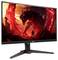 Acer-Gaming-Monitor, der ein lebendiges Bild eines Kriegers zeigt, der einem riesigen, roten Drachen in einer feurigen Landschaft gegenübersteht.