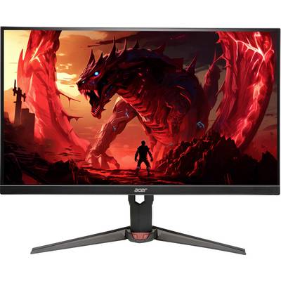 Ein Computermonitor, der ein lebendiges Bild eines großen, roten Drachen mit leuchtenden Augen und einer Person, die davor steht, vor einem dramatischen, feurigen Sonnenuntergangshintergrund zeigt.