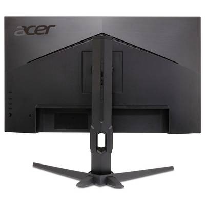 Rückansicht eines schwarzen Acer-Computermonitors mit einer eckigen Designstruktur und einem robusten Ständer.