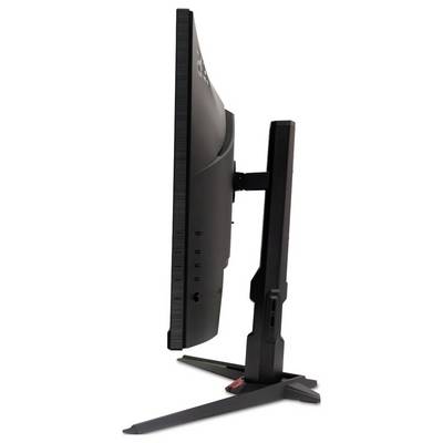 Ein Computermonitor mit Flachbildschirm in Seitenansicht auf einem Ständer, der sein schlankes Design und seine Verstellmöglichkeiten zeigt.