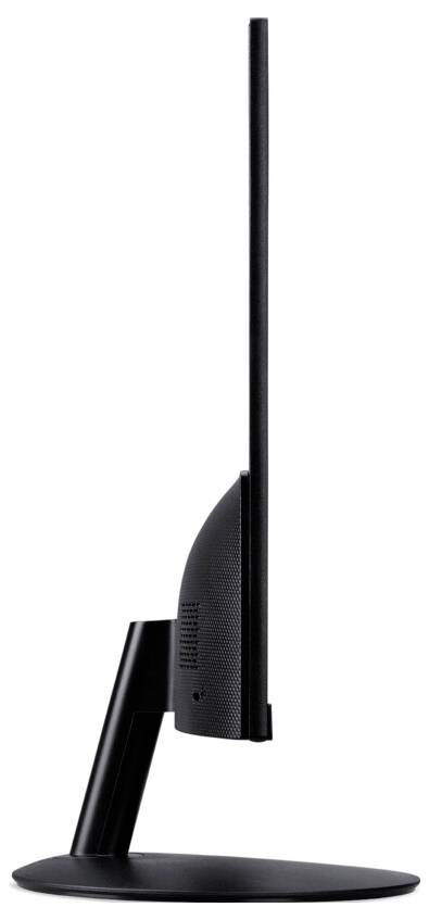 Eine Seitenansicht eines schmalen, schwarzen Computermonitors auf einer runden Basis, die seinen dünnen Profil und das moderne Design hervorhebt.