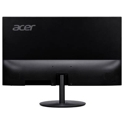 Rückansicht eines schwarzen Acer-Computermonitors, der seinen Standfuß und Lüftungsschlitze zeigt.