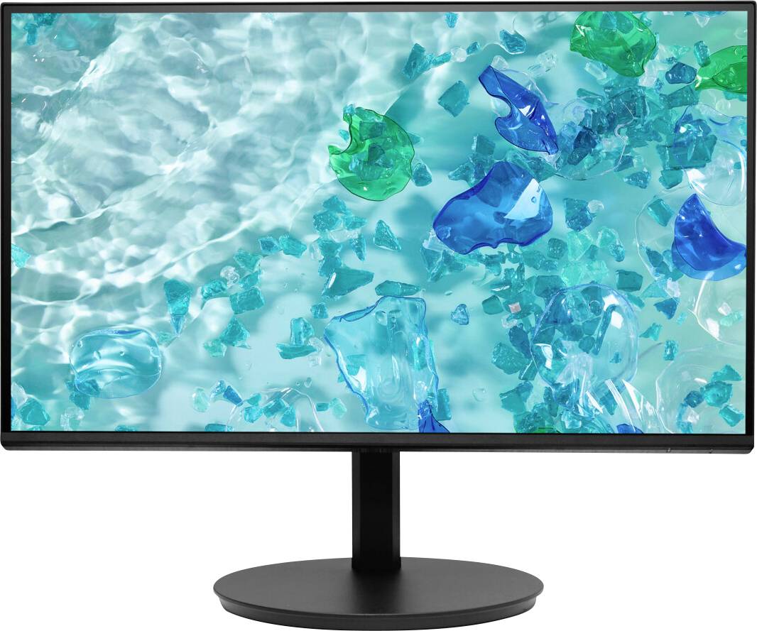 Ein Computermonitor, der ein abstraktes Design aus blauen und grünen glasartigen Formen auf einem schimmernden Wasserhintergrund zeigt.