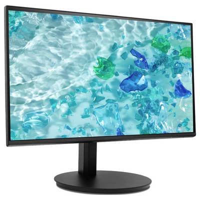 Ein Computermonitor, der eine lebendige Unterwasserszene zeigt, mit blauen und grünen glasähnlichen Objekten vor einem hellen, sich kräuselnden Wasserhindergrund.