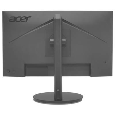 Ein schwarzer Acer-Computermonitor, von hinten betrachtet, mit seinem Ständer und Anschlüssen, wobei das Acer-Logo in der oberen linken Ecke zu sehen ist.
