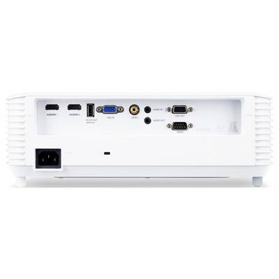 Rückansicht eines Projektors mit mehreren Eingangs- und Ausgängen, einschließlich HDMI-, VGA-, USB- und Audioverbindungen.
