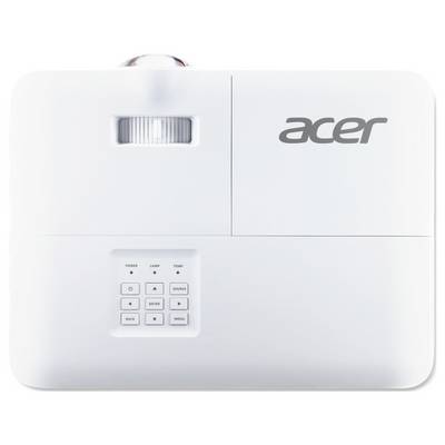 Ein weißer Acer-Projektor mit einer Bedienungsleiste, die Tasten für Ein/Aus, Menü und Einstellungen zeigt, geeignet für Büro- oder Klassenzimmergebrauch.