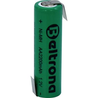 Eine grüne zylindrische wiederaufladbare Batterie mit der Aufschrift 'Beltrona Ni-MH AA2200mAh 1.2V' und Metallanschlüssen an Ober- und Unterseite.